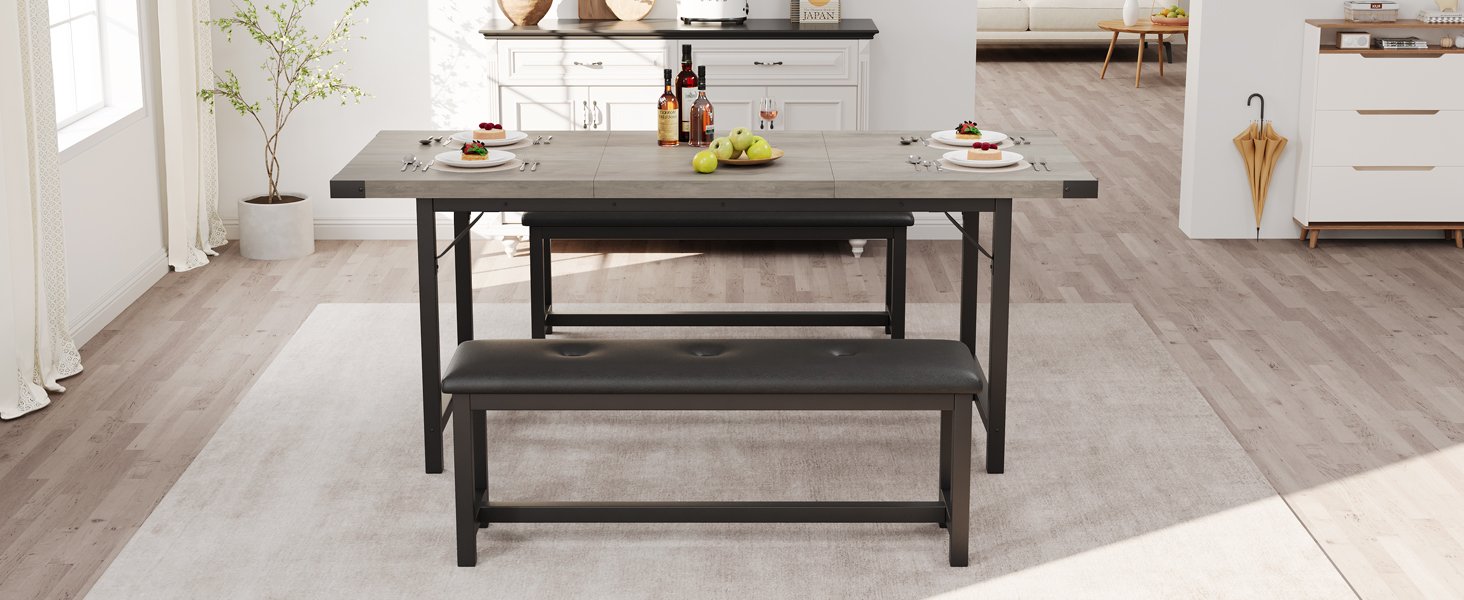 Extendable Dining Table with Two Benches