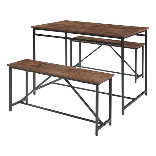 YOSIMFUR 3 Piece Dining Room Table Set 43 Inch Kitchen Table with Two Benches Breakfast Table Top with Sew Kerf Finish Metal Frame Dining Room Home (Black Brown) - Image 20