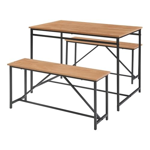 YOSIMFUR 3 Piece Dining Room Table Set 43 Inch Kitchen Table with Two Benches Breakfast Table Top with Sew Kerf Finish Metal Frame Dining Room Home (Black Brown) - Image 22