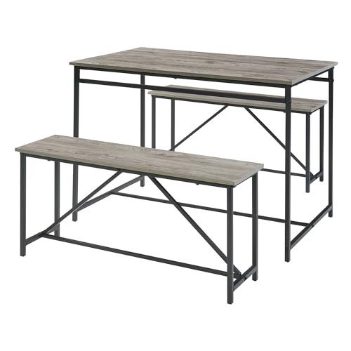 YOSIMFUR 3 Piece Dining Room Table Set 43 Inch Kitchen Table with Two Benches Breakfast Table Top with Sew Kerf Finish Metal Frame Dining Room Home (Black Brown) - Image 21