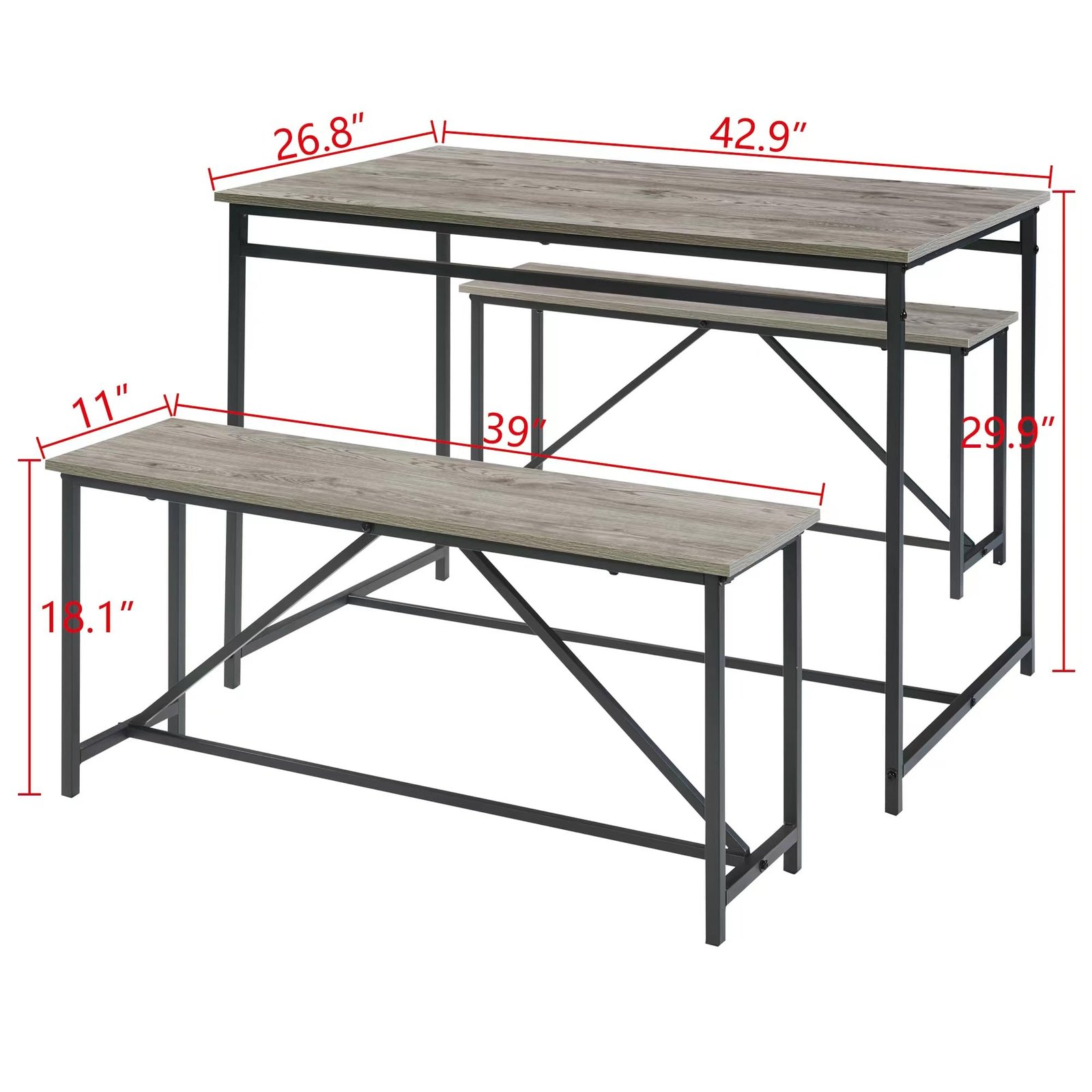 YOSIMFUR 3 Piece Dining Room Table Set 43 Inch Kitchen Table with Two Benches Breakfast Table Top with Sew Kerf Finish Metal Frame Dining Room Home (Black Brown) - Image 10