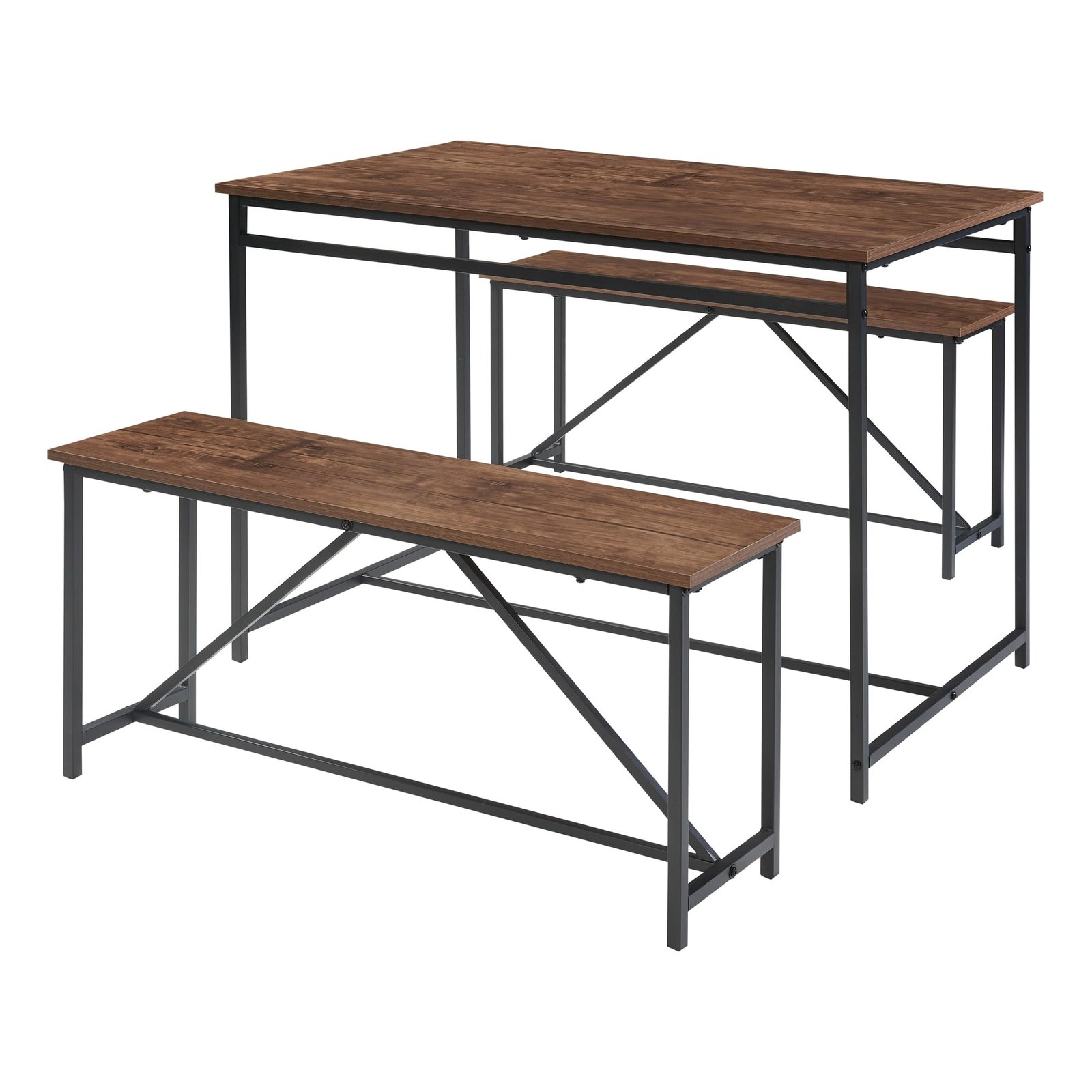 YOSIMFUR 3 Piece Dining Room Table Set 43 Inch Kitchen Table with Two Benches Breakfast Table Top with Sew Kerf Finish Metal Frame Dining Room Home (Black Brown)