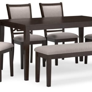 YOSIMFUR Signature Design by Ashley Wrenning Modern Diamond Patterned Dining Table with 4 Upholstered Chairs and Bench, Set of 6, Gray & Light Gray
