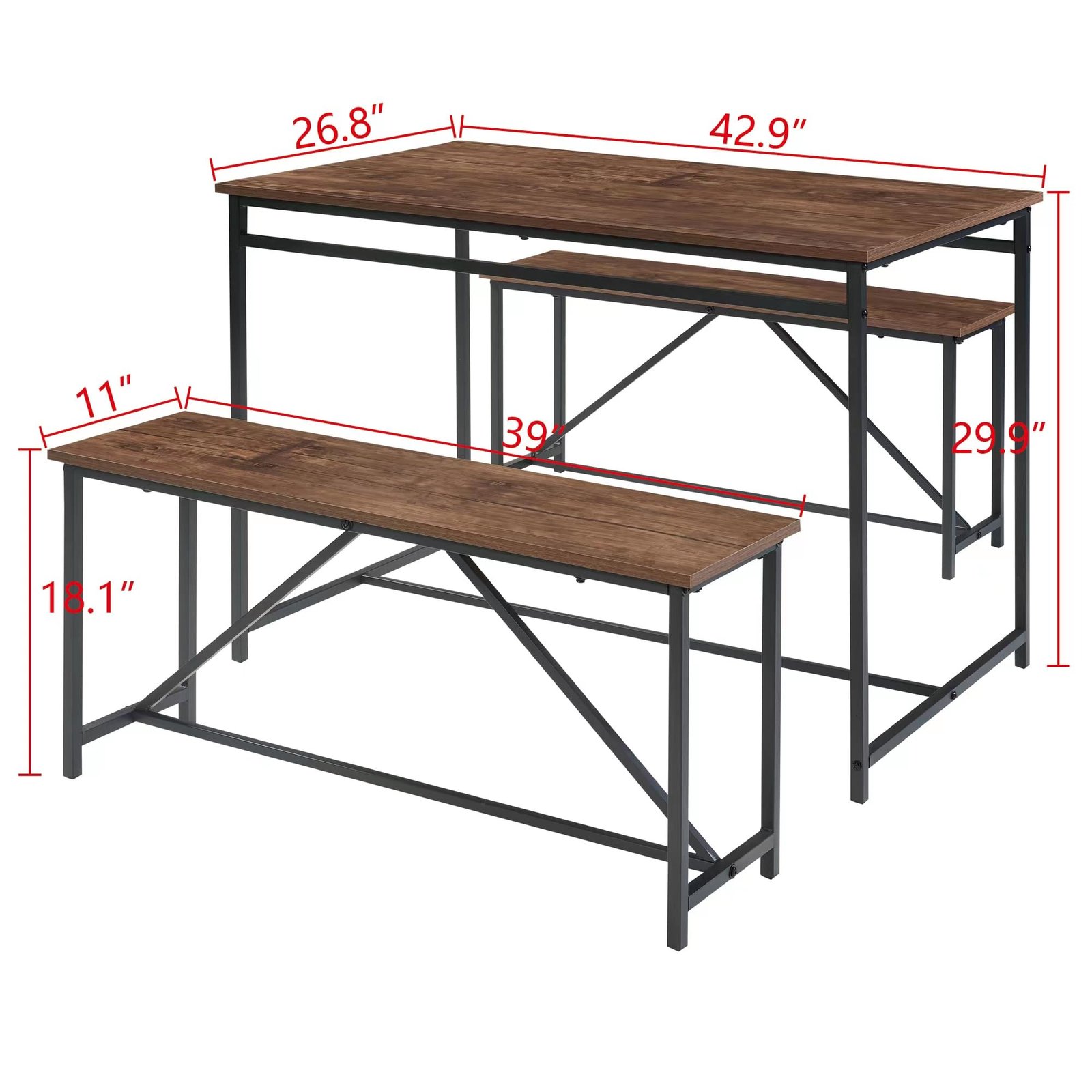 YOSIMFUR 3 Piece Dining Room Table Set 43 Inch Kitchen Table with Two Benches Breakfast Table Top with Sew Kerf Finish Metal Frame Dining Room Home (Black Brown) - Image 4