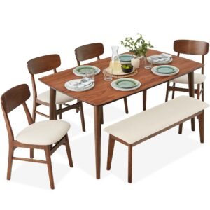 YOSIMFUR Products 6-Piece Wooden Dining Set, Mid-Century Modern Table & Upholstered Chair Set w/Bench Seat, Rubberwood Legs - Walnut/Cream