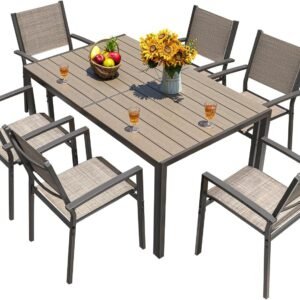 YOSIMFUR Dining Set 7 Pieces Outdoor Furniture with Large Table and 6 Textilene Chairs for Porch, Poolside, Yard and Garden, Light Grey