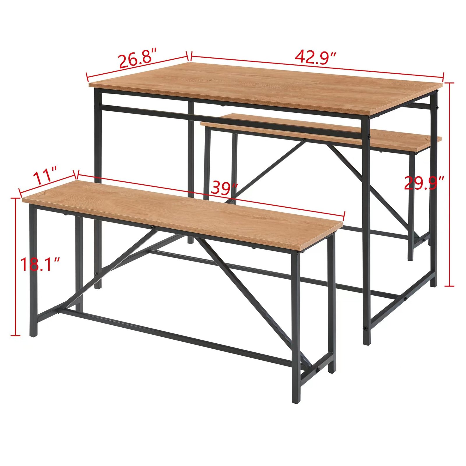 YOSIMFUR 3 Piece Dining Room Table Set 43 Inch Kitchen Table with Two Benches Breakfast Table Top with Sew Kerf Finish Metal Frame Dining Room Home (Black Brown) - Image 19