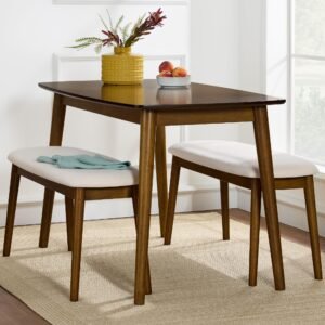 YOSIMFUR 5-Piece Dining Set, Compact Mid-Century Modern Table & Chair Set for Home, Apartment w/ 4 Chairs, Padded Seats & Backrests, Wooden Frame - Walnut/Cream