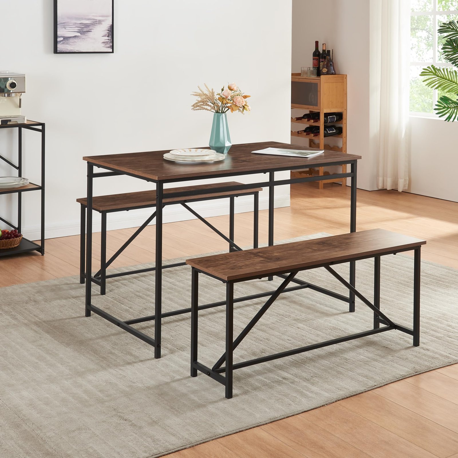 YOSIMFUR 3 Piece Dining Room Table Set 43 Inch Kitchen Table with Two Benches Breakfast Table Top with Sew Kerf Finish Metal Frame Dining Room Home (Black Brown) - Image 2