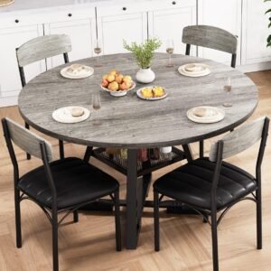 YOSIMFUR Round Dining Table Set for 4, Kitchen Table and Chairs for 4, Circle Table Round Pedestal Dining Room Dinner Dinette Table Set,5 Piece Space Saving Wood Kitchen & Dining Room Tables Set Furniture