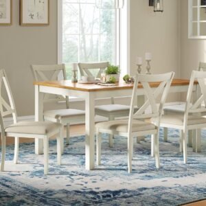 YOSIMFUR 7-Piece Farmhouse Solid Wood Dining Table Set with 6 Upholstered Chairs, 60