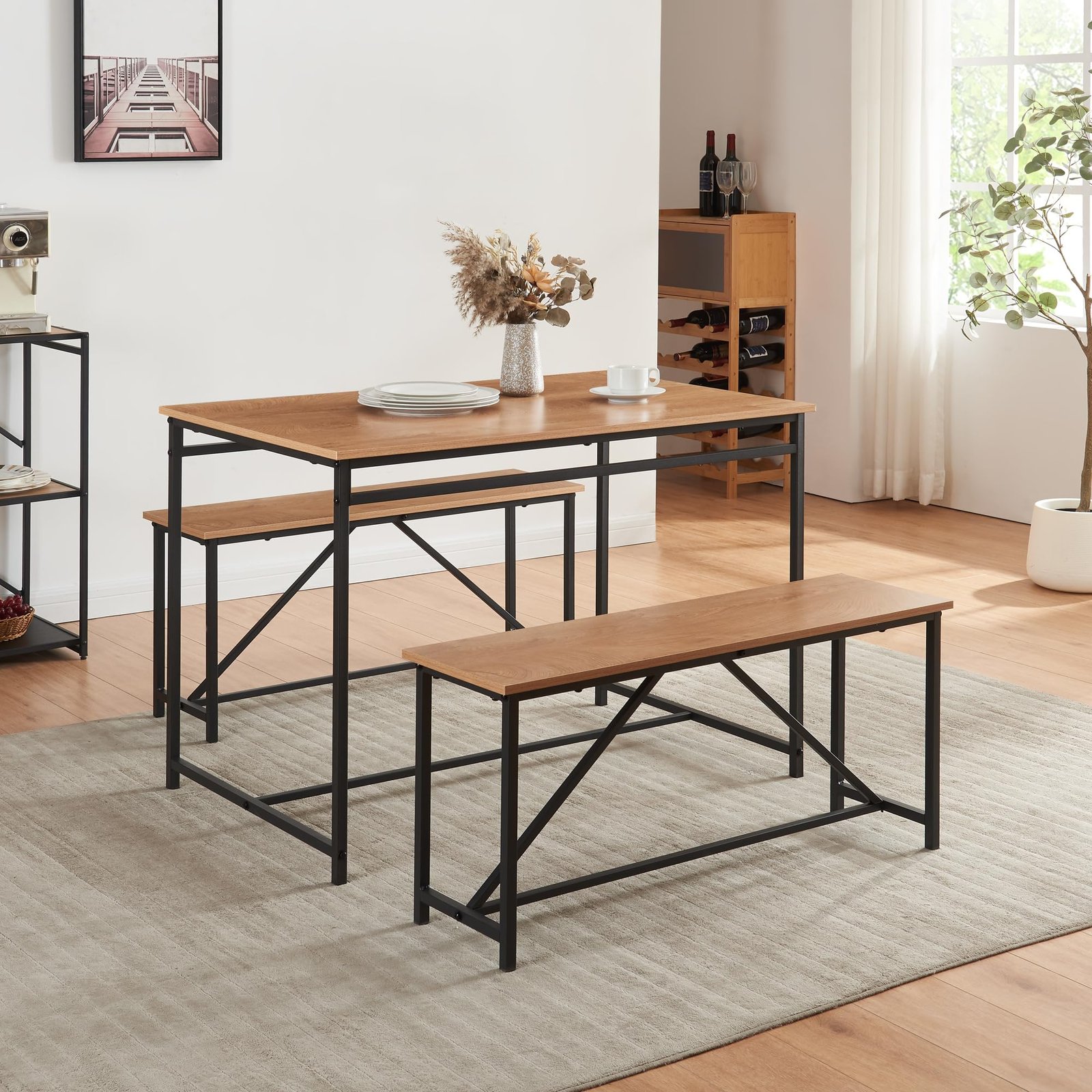 YOSIMFUR 3 Piece Dining Room Table Set 43 Inch Kitchen Table with Two Benches Breakfast Table Top with Sew Kerf Finish Metal Frame Dining Room Home (Black Brown) - Image 17