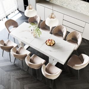 YOSIMFUR White Marble Extendable Dining Room Table for 8 10, 70.9