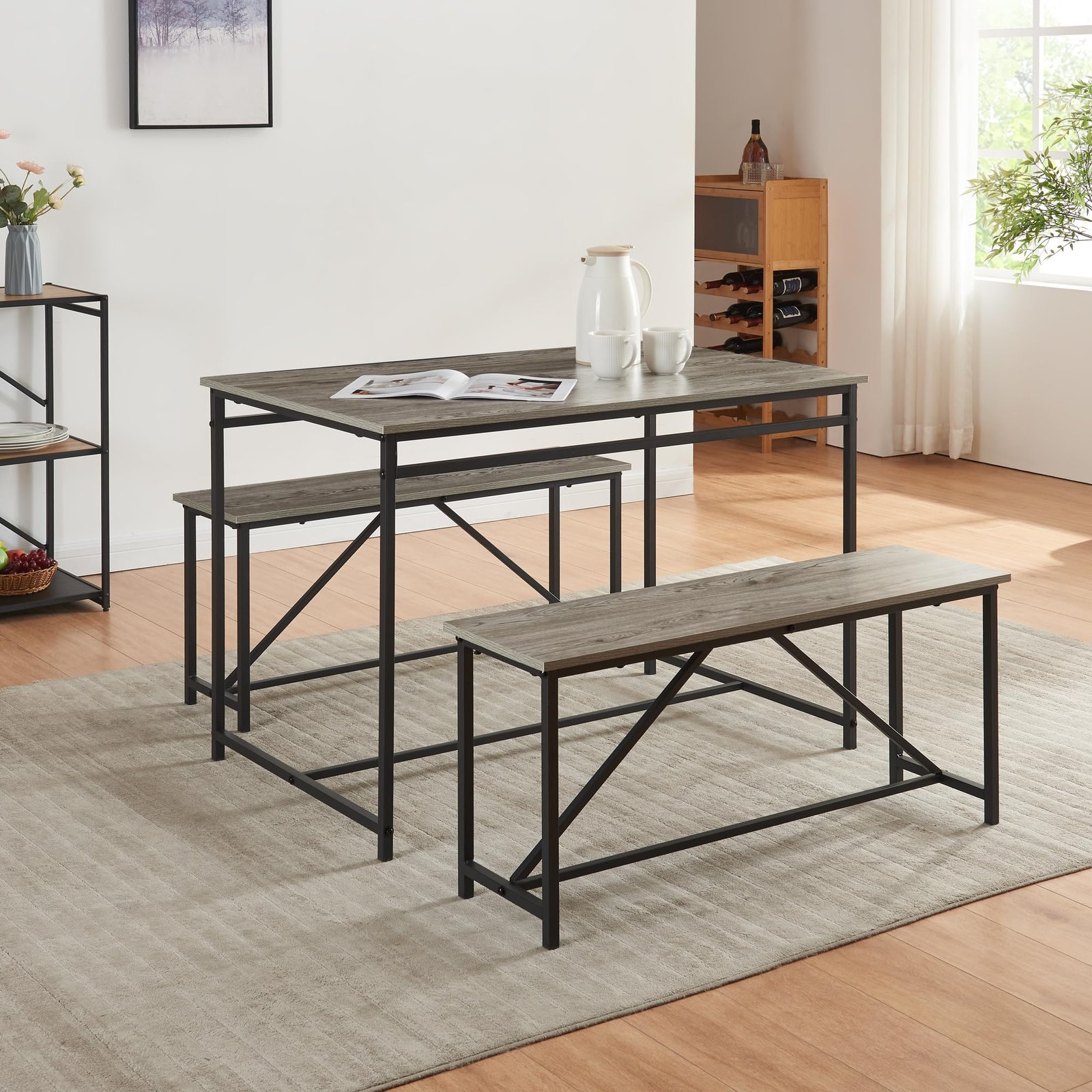 YOSIMFUR 3 Piece Dining Room Table Set 43 Inch Kitchen Table with Two Benches Breakfast Table Top with Sew Kerf Finish Metal Frame Dining Room Home (Black Brown) - Image 8