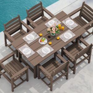 YOSIMFUR 7-Piece Patio Dining Table Sets, Outdoor HDPE Dining Furniture Set with Umbrella Hole Cut-Out Table and 6 Chairs, Black