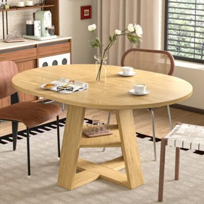 YOSIMFUR 43.3in-59in Extendable Round Dining Table for 4-8,Modern Kitchen Oval Dining Table with Removable Leaves Space Saving,Wood Base with Storage Shelf for Kitchen Living Room (Walnut)