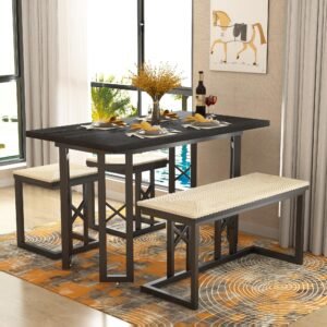 YOSIMFUR 43.3" Dining Table Sets, Farmhouse Kitchen Table for 4 with 3 Seats & Wicker Seat Cushions,Metal Frame Space-Saving Adjustable Feets Coffee Table for Home Kitchen Dining, Pitch Black